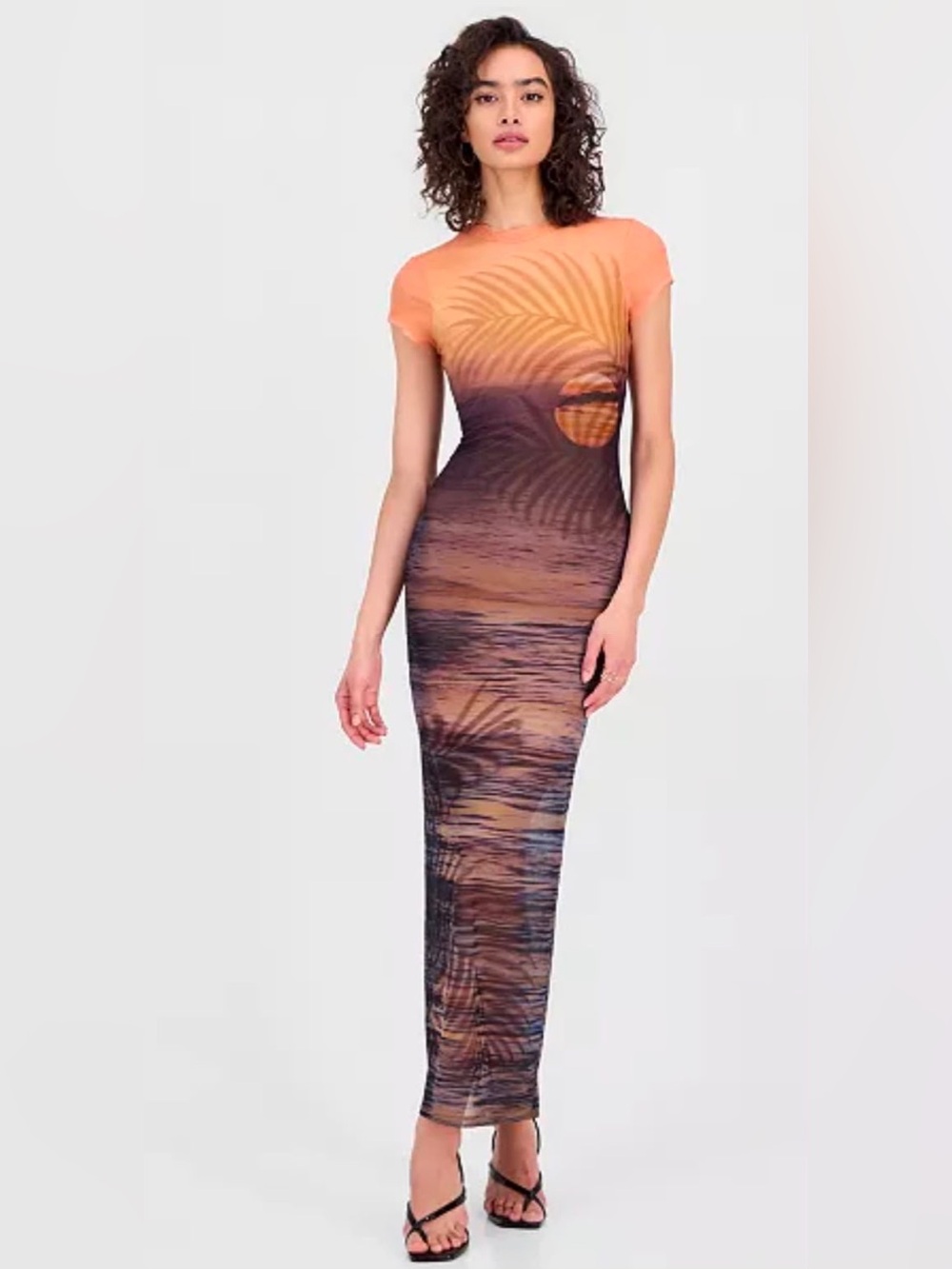 Guess Orange and Brown Sunset Palm Maxi Dress